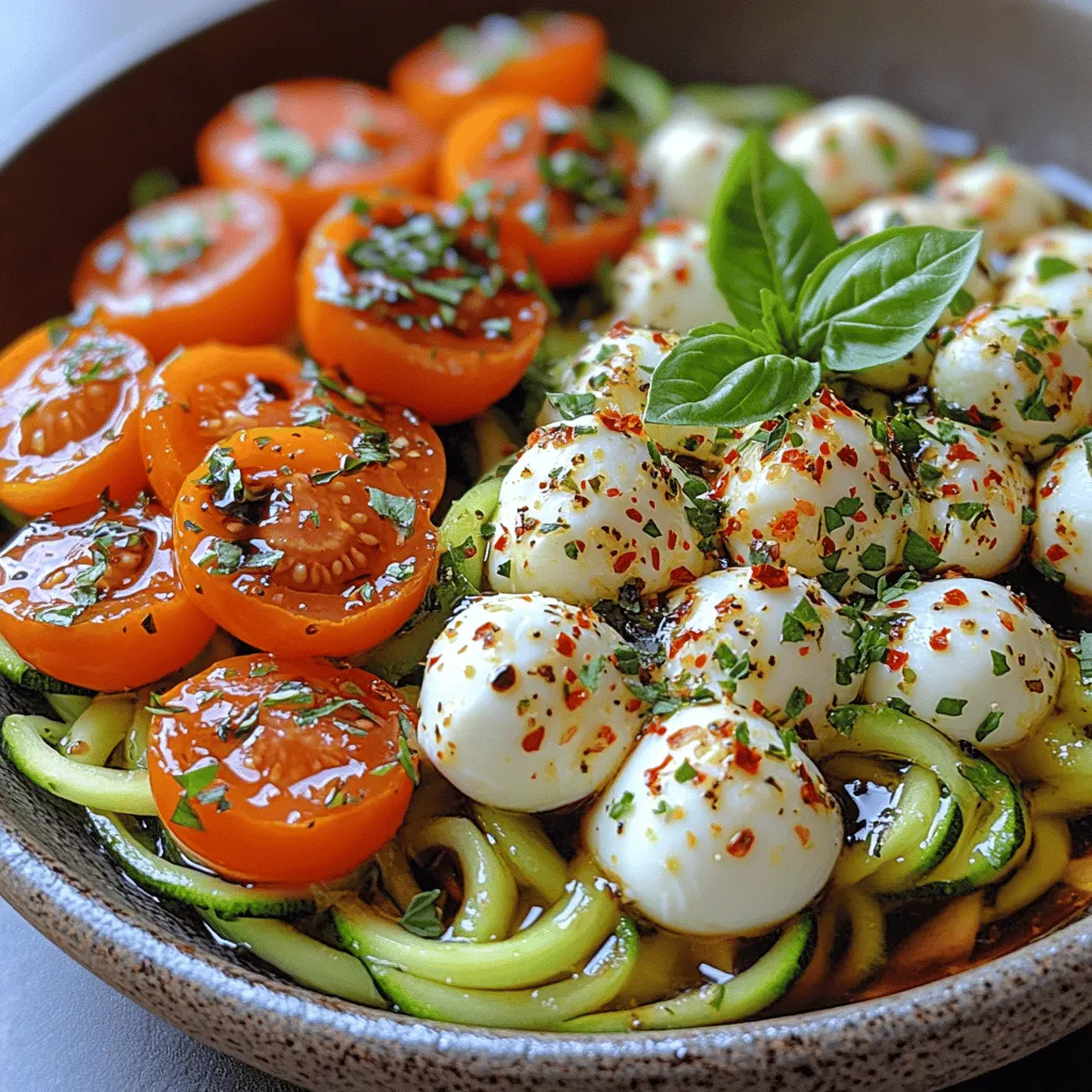 In the realm of healthy eating, zucchini noodles, or "zoodles," have emerged as a vibrant and refreshing alternative to traditional pasta. Our Zucchini Noodle Caprese Bowl encapsulates this trend by marrying the classic flavors of a Caprese salad with the lightness and nutritional benefits of zucchini. This delightful dish is perfect for those seeking a quick, nutritious lunch or dinner. It is not only bursting with flavor but also low in carbohydrates, making it an excellent choice for health-conscious eaters and those looking to incorporate more vegetables into their meals.