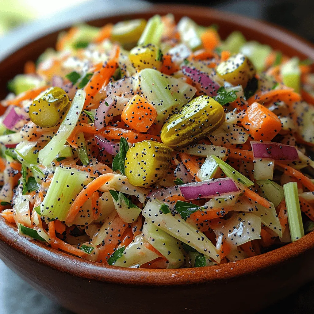 When it comes to vibrant, refreshing side dishes, few can rival the delightful combination of textures and flavors found in Sweet Poppy Pickle Slaw with a Crunch. This recipe masterfully blends the crispness of fresh vegetables with a unique sweet and tangy dressing, making it a perfect accompaniment for summer barbecues, picnics, or everyday meals. Not only does this slaw provide a burst of color to your plate, but it also packs a nutritional punch, encouraging the incorporation of fresh vegetables into your diet.