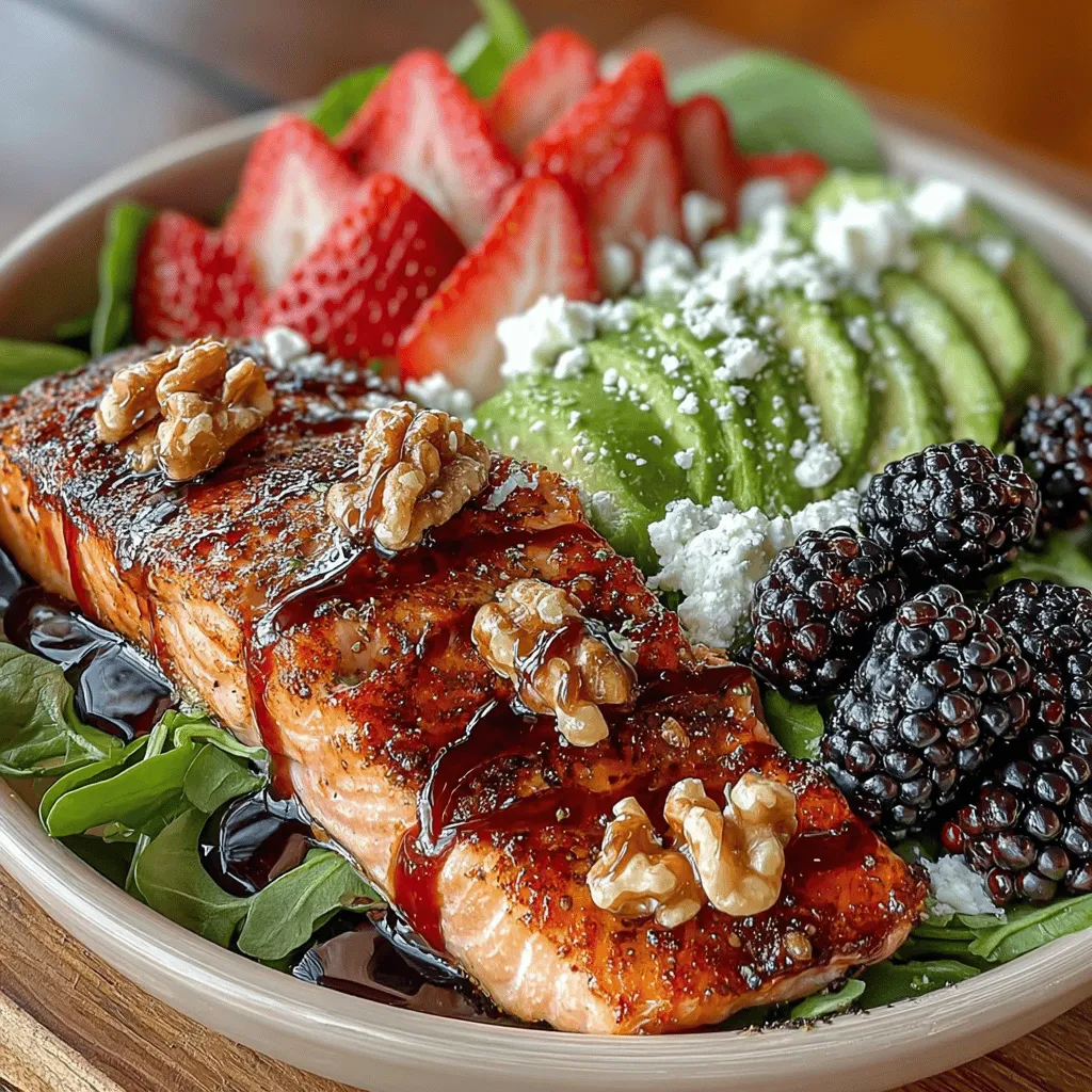 In the world of healthy eating, finding a dish that strikes the perfect balance between flavor, nutrition, and visual appeal can be a delightful challenge. The Strawberry & Salmon Salad Bowl stands out as a vibrant, nourishing option that captivates both the palate and the eye. This dish is not just a feast for the senses; it is also a celebration of the sweet and savory harmony created by fresh strawberries and succulent salmon. With a medley of creamy avocado, crunchy walnuts, and a drizzle of balsamic glaze, this salad makes for an ideal meal whether you are looking for a refreshing lunch or a light dinner.