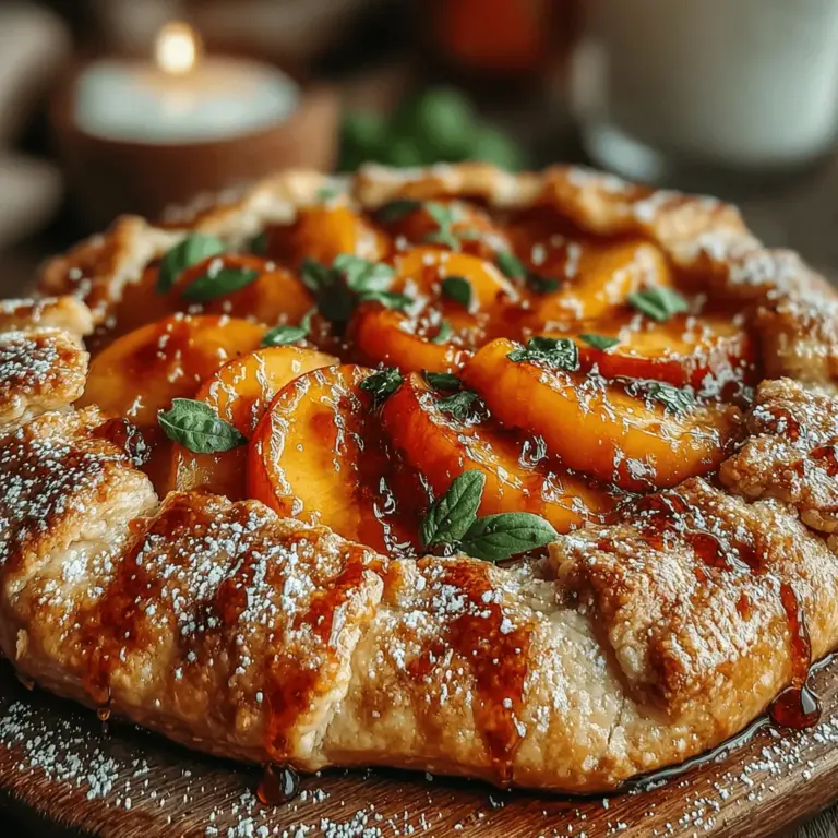 Elevate your Peach Paradise Chilled Galette with a simple yet impactful garnish of fresh herbs. Both basil and mint not only add a pop of color but also contribute an aromatic quality that beautifully complements the sweet, juicy peaches. Basil’s slightly peppery flavor contrasts with the sweetness of the peaches, while mint adds a refreshing touch. Simply sprinkle a few finely chopped leaves over the galette just before serving for a delightful finish that invites guests to indulge in a sensory experience.