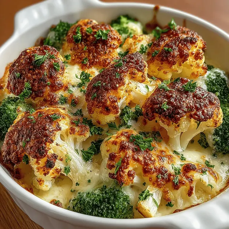 In the realm of comforting side dishes, a Cheesy Cauliflower Broccoli Bake stands out as a delightful fusion of flavors and textures. This dish not only celebrates the wholesome goodness of vegetables but elevates them with rich, creamy cheeses. Ideal for family dinners, potlucks, or simply a cozy night in, this recipe is a must-try for anyone looking to incorporate more vegetables into their meals without sacrificing taste. The combination of tender cauliflower and crunchy broccoli enveloped in a luscious cheese sauce creates a harmonious balance that appeals to both adults and children alike.