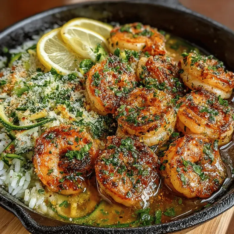 Welcome to the delightful culinary experience of Garlic Butter Shrimp Zucchini Rice, a dish that marries the creamy richness of butter with the aromatic punch of garlic, perfectly complemented by the sweetness of succulent shrimp and the lightness of tender zucchini. This recipe not only satisfies your taste buds but also offers a nutritious alternative to traditional rice-based meals, making it an excellent choice for both health-conscious diners and those looking for a quick weeknight dinner solution. With its vibrant flavors and appealing presentation, Garlic Butter Shrimp Zucchini Rice is sure to impress at casual gatherings or more formal dinner parties.
