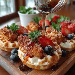 Mini Chicken & Waffle Bites are an exciting culinary twist on a classic dish that has captured the hearts (and appetites) of many. This delightful recipe combines the sweet, fluffy goodness of waffles with the savory crunch of fried chicken, creating a perfect bite-sized treat that works wonderfully for breakfast, brunch, or as a fun appetizer for gatherings. The appeal of these mini bites lies not only in their flavor profile but also in their visual presentation. Imagine a crispy piece of fried chicken perched on a soft, warm waffle, all drizzled with rich maple syrup—it's a dish that invites you to indulge.