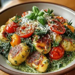 Creamy Pesto Gnocchi with Spinach is a dish that beautifully marries texture and flavor, making it a favorite among pasta lovers and home cooks alike. The dish is characterized by its luscious creamy sauce, which envelops the gnocchi, creating a comforting and indulgent meal. With the vibrant notes of fresh basil, the earthiness of spinach, and the rich creaminess, each bite offers a delightful balance that is both satisfying and nourishing.